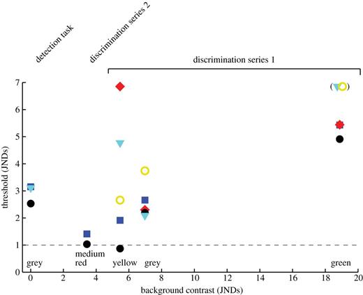 Colour difference thresholds as a function of the contrast between the background and the rewarded stimulus. Each symbol represents the detection (left) or the discrimination (right) threshold of an individual zebra finch (colour coded as in figure 3). Please note the coinciding symbols for the green background. Colour names at the x-axis refer to the background colour. The parenthesis indicates birds that failed to discriminate any contrast at the green background. Log10 quantum catch of double cones for the backgrounds are: grey (detection task), 13.38; medium red, 13.16; yellow, 13.16; grey, 13.15; green, 13.09 (54.9 cd m−2, 31.7 cd m−2, 31 cd m−2, 32.5 cd m−2, 30.7 cd m−2).