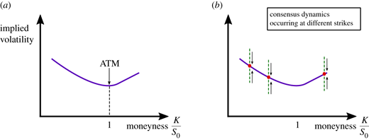 (a) A typical implied volatility smile for varying strikes K divided by fixed spot price. Moneyness is K/S0. ATM denotes At-The-Money where K equals S0. (b) Consensus occurs as all traders’ opinions of the implied volatility converge, round by round, to a distinct value for varying strikes. Refer to the image caption for details.