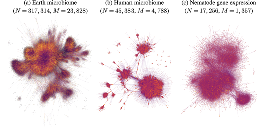 Reconstructed networks for the empirical datasets described in the text, as shown in the legend, using the Ising model for (a) and (b), and multivariate Gaussian for (c). The edge colours indicate the magnitude of the entries of the W matrix. Nodes with degree zero were excluded from the visualization.