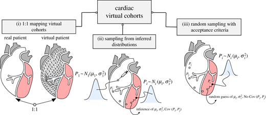 Schematic of the strategies for obtaining a virtual cohort, based on biophysical models. (Online version in colour.) Refer to the image caption for details.